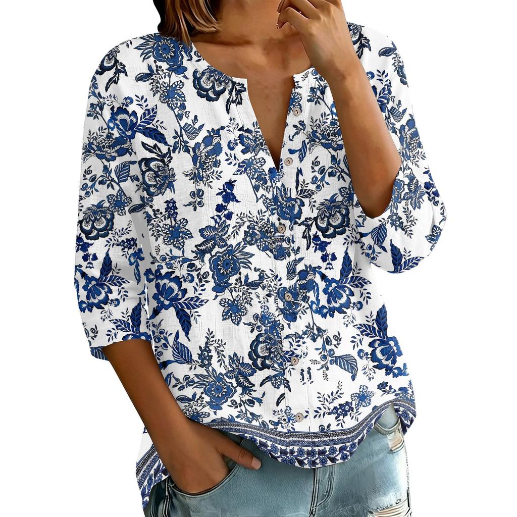 Vintage Floral Print Henley Button Neck 3/4 Sleeve Linen Cotton Blend Shirt for Women Casual Loose Fit Top