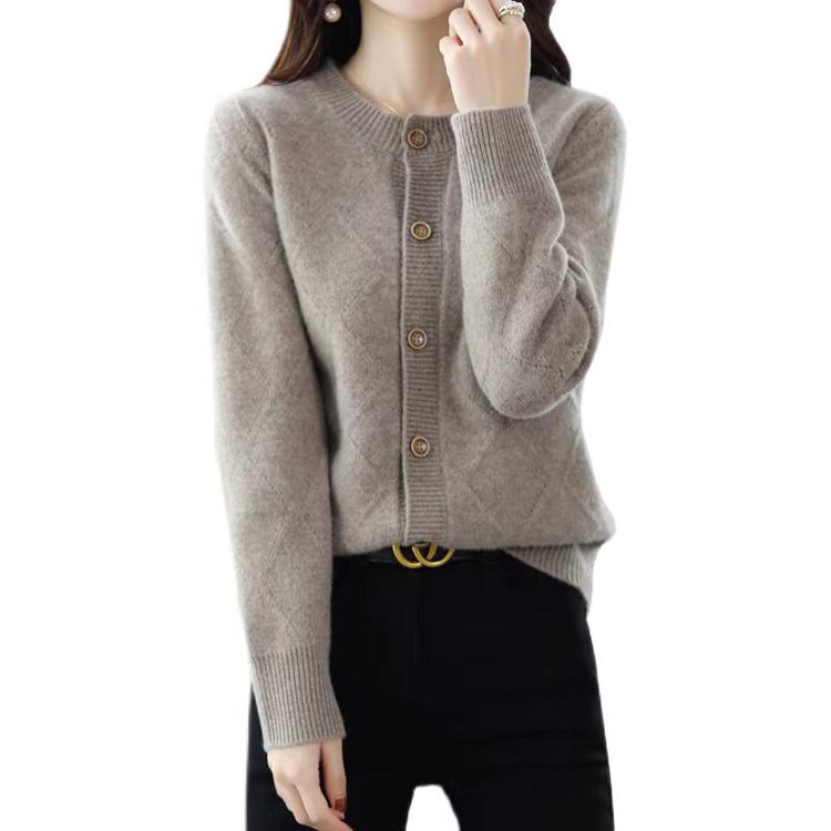 Women's Round Neck Knitted Cardigan for Autumn and Winter Jacquard Single Breasted Sweater for Women