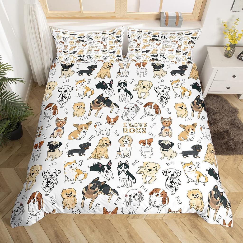 Dog Duvet Cover Set Cute Pet Puppy Animal Design Bedding Set With Zipper Adults Kids Bedroom Single Double Queen Comforter Cover