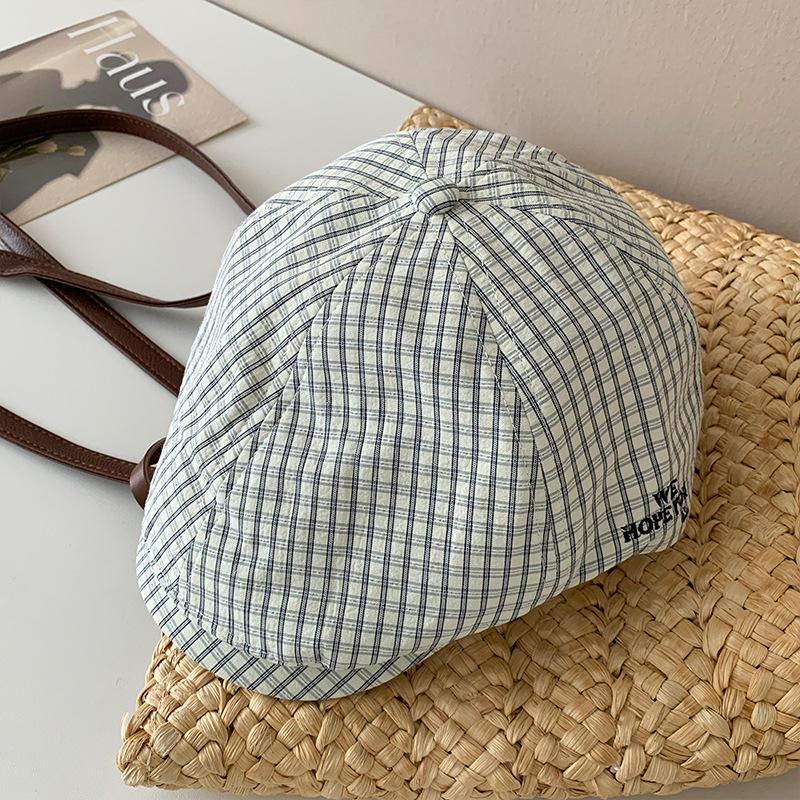 Vintage Pink Plaid Beret Women's Spring Back Wearing Newsboy Hat Big Head Circumference Versatile Peaked Cap