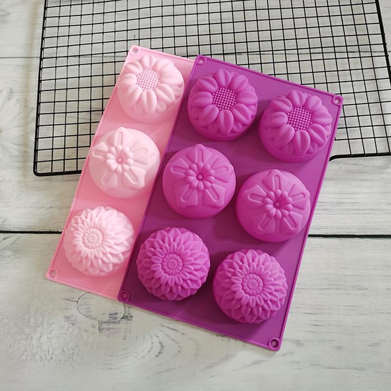 1Pc Silicone Chocolate Mold 6 Cavity 3 Different Flowers and Plants Shape DIY Handmade Soap Sunflower Moon Cake Mold