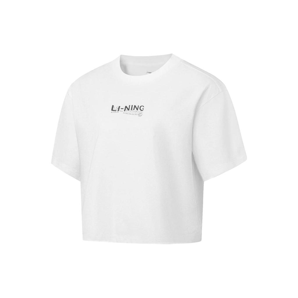 Li Ning Fitness Series Solid Color Logo Print Loose Short Sleeve T-Shirt Women Tops White ATST608-3