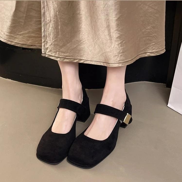 French thick-heeled camel square suede temperament single shoes 2026 new spring and summer retro versatile commuter shoes