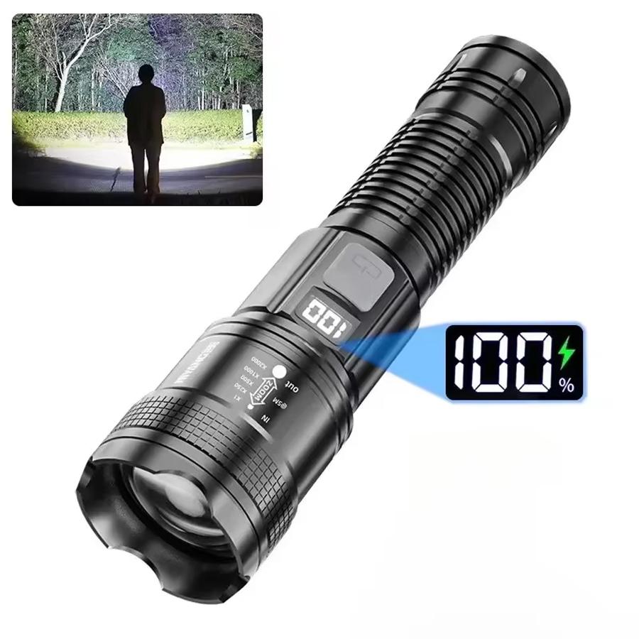 Super Bright LED Flashlight with Battery Display Rechargeable Light Telescopic Zoom Torch Lamp Outdoor Camping Fishing Lantern