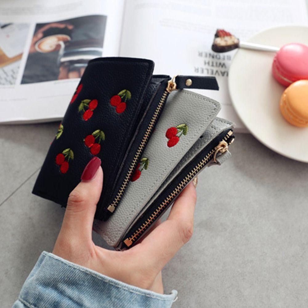 PU Leather Retro Cherry Wallets Card Bag Zipper Change Bag Fashion Short Clutch Bag  Women