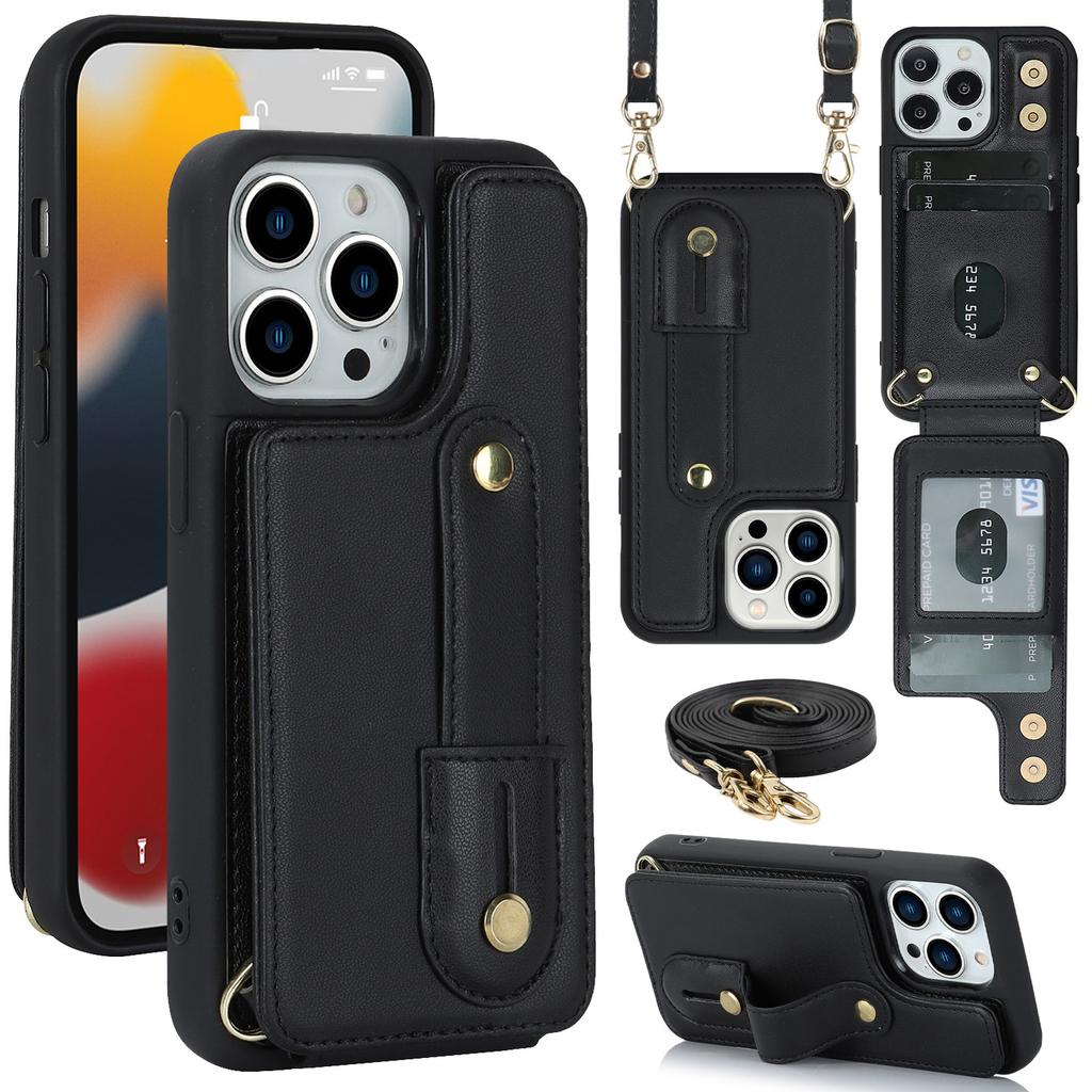 For iPhone 16 Pro Max Case Kickstand Card Slots Leather Coated TPU Cover with Shoulder Strap