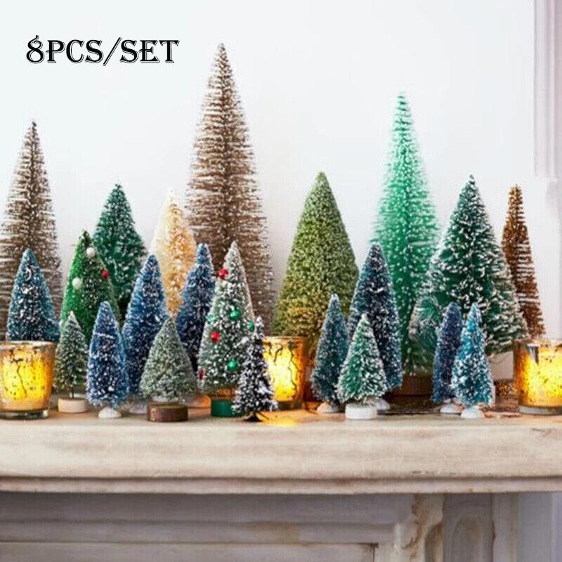 Christmas 8pcs Miniature Tree Mini Pine Frosted Sisal Trees Xmas Ornaments Decor