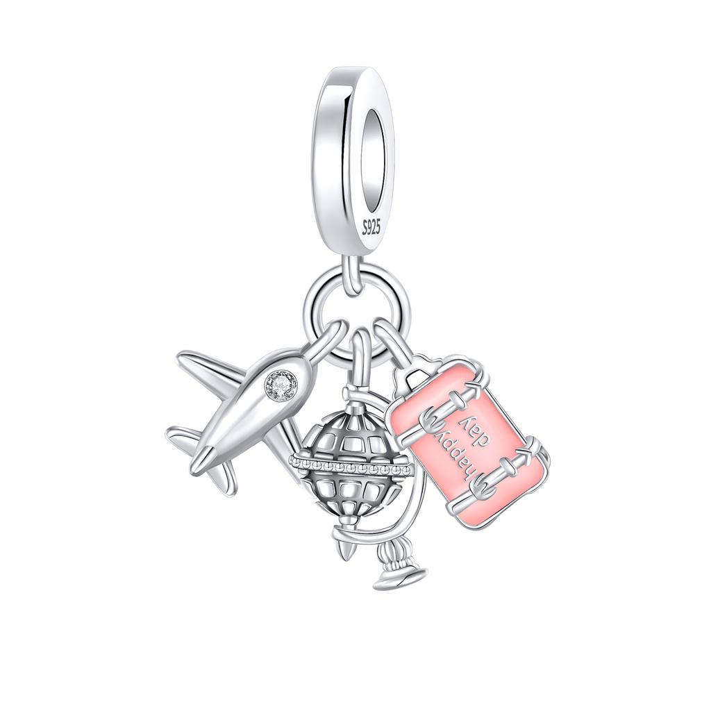 New Original Copper Travel Charms Airplane Luggage Earth Beads Pendants Fit Bracelet Necklace Diy Jewelry Gift