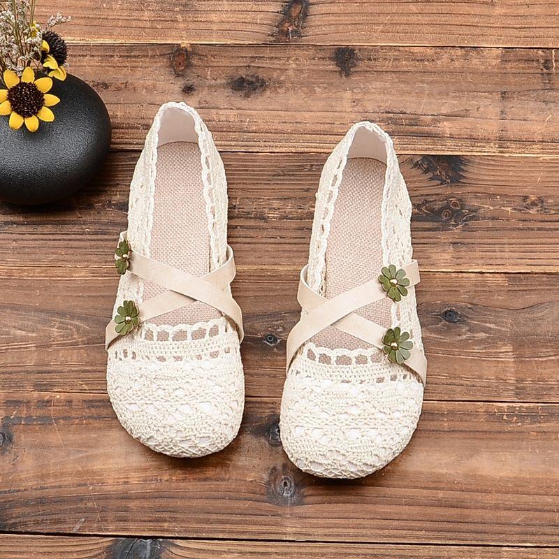 Fashion Elegant Woman Shoe Summer Air Mesh Flats Women's Breathable Mary Jane Shoes Ladies Ankle Strappy Ballet Shoes Cutout Lace Loafer