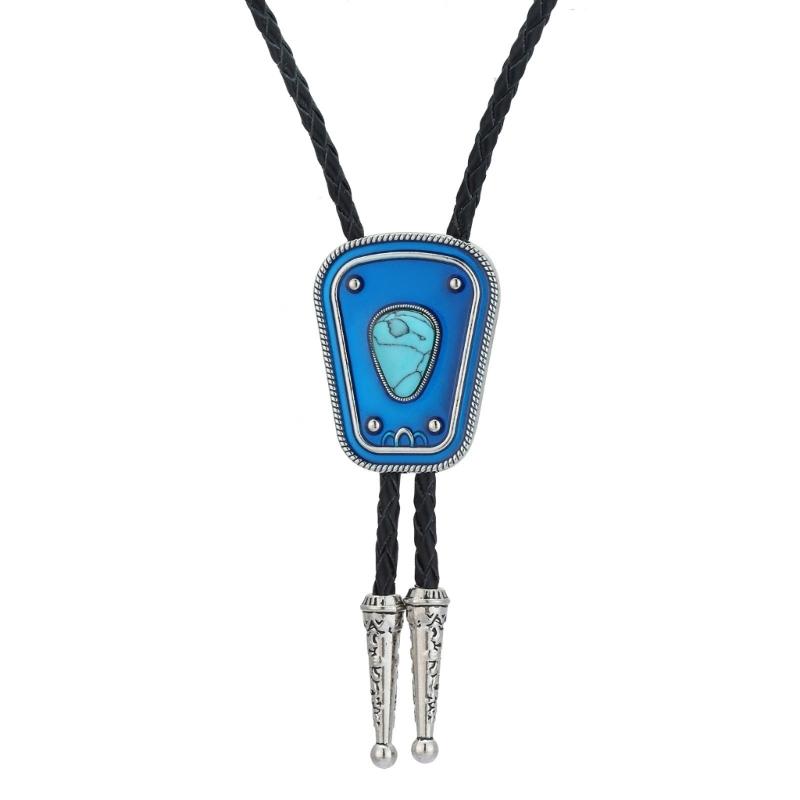 Men Women Bolo Tie Necktie Artificial Leather Braided Rope Necklace with Enamel Stone Pendant Jewelry Cowboy Neckwear
