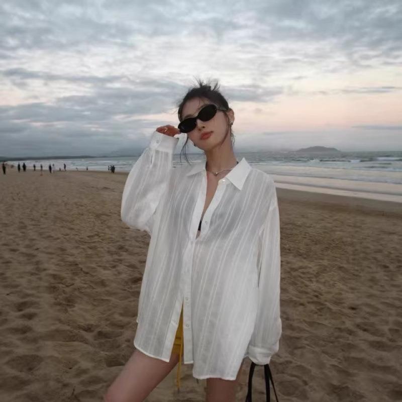 Women Striped Loose Long Sleeve Casual Soft Shirt Blouse Outerwear Top S белый