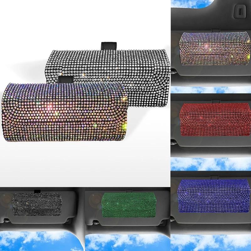 Factory Price Diamond Car Visor Sunglasses Case Holder Eye Glasses Box Organizer Rhinestone Sunshade Storage Box Car Accessories