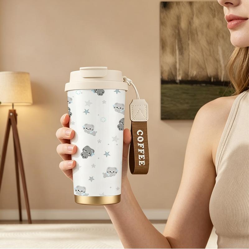 532ml Coffee Mug Kitten Star Element Lanyard Insulated Cup Leakproof Coffee Cup Car Cup Outdoor Cup Stainless Insulated Cup 532ml Coffee Mug