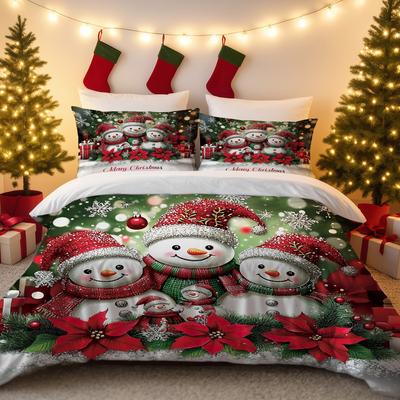 3pcs Christmas Snowman Printed Chipless Bedding Set Multiple Sizes Bedrooms and Dormitories Comfortable and Machine Washable