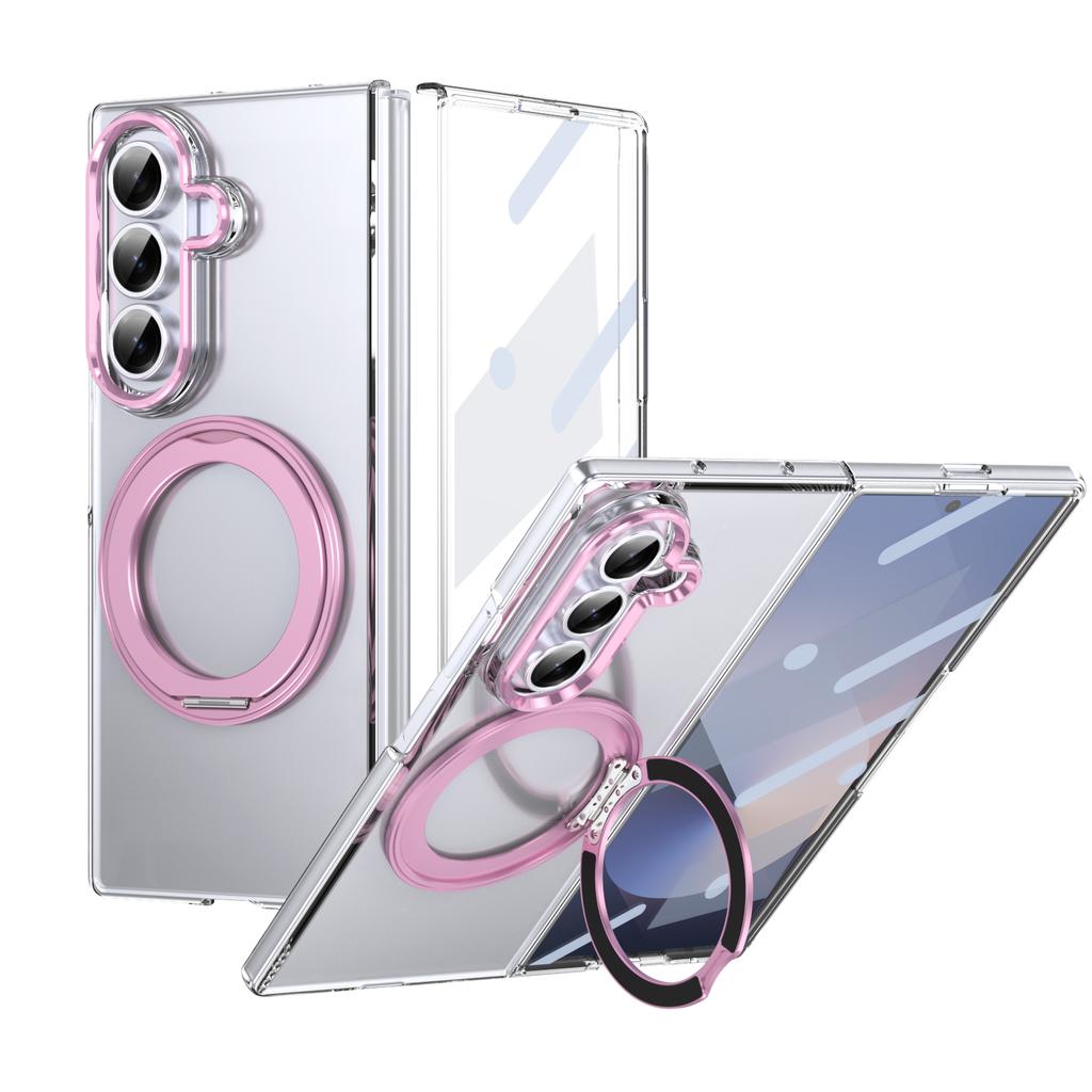 Metal Ring Stand Magetic Case for Samsung Galaxy Z Fold 7 6 5 4 with 360 Swivel Bracket Clear Cover Clear Glass Screen Protector