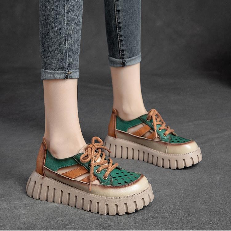 Johnature Thick Sole Mixed Colors Genuine Leather Retro Sandals Roman Style Lace-up Women's Flat Platform Shoes