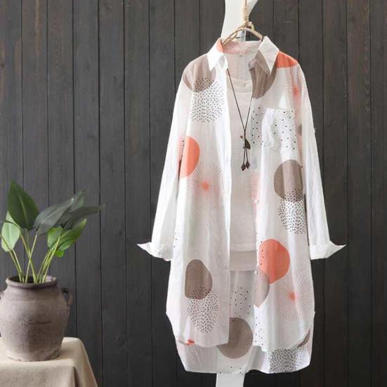 Primavera otoño mujer camisa estampado de moda manga larga dobladillo Irregular Anti sol solapa abrigo largo para uso diario