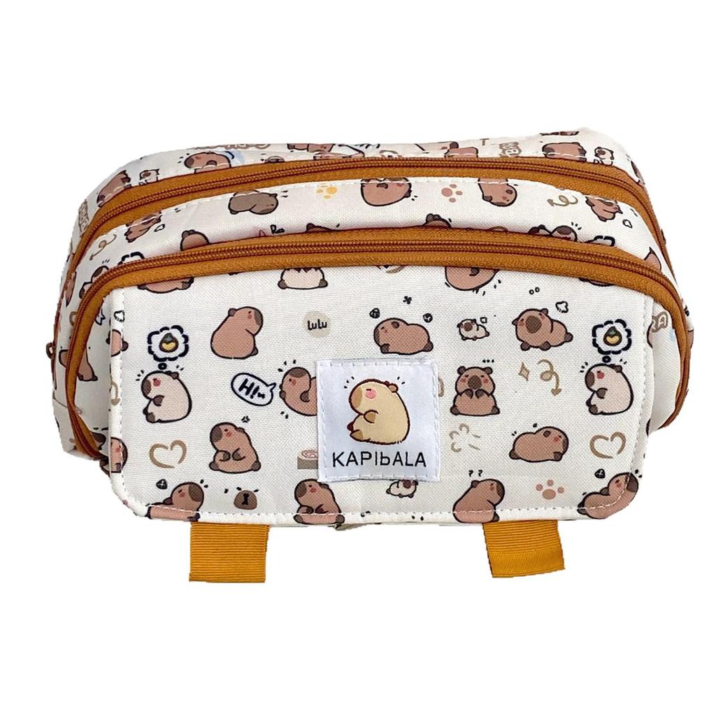 Capybara Cartoon Pencil Case for Students: Flip-Top, Multi-Layer, Large Capacity Stationery Organizer.