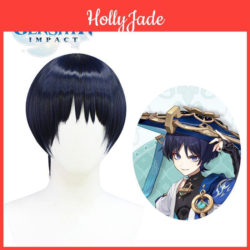 Genshin Impact Kunikuzushi Mørkeblå Cosplay Paryk Blød Højtemperatur Fiber Justerbar Pasform Realistisk Hovedbund