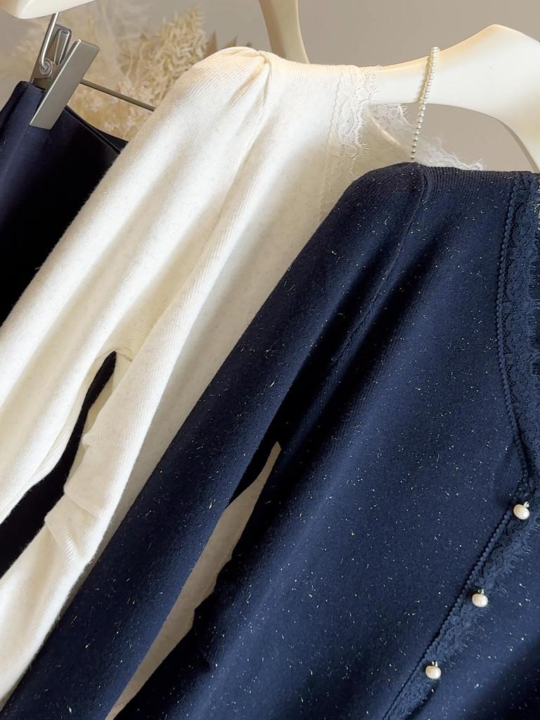 Pull-over pour femme à col en V avec patchwork de dentelle scintillante - Tricot polyvalent de couleur unie pour l'automne 2025