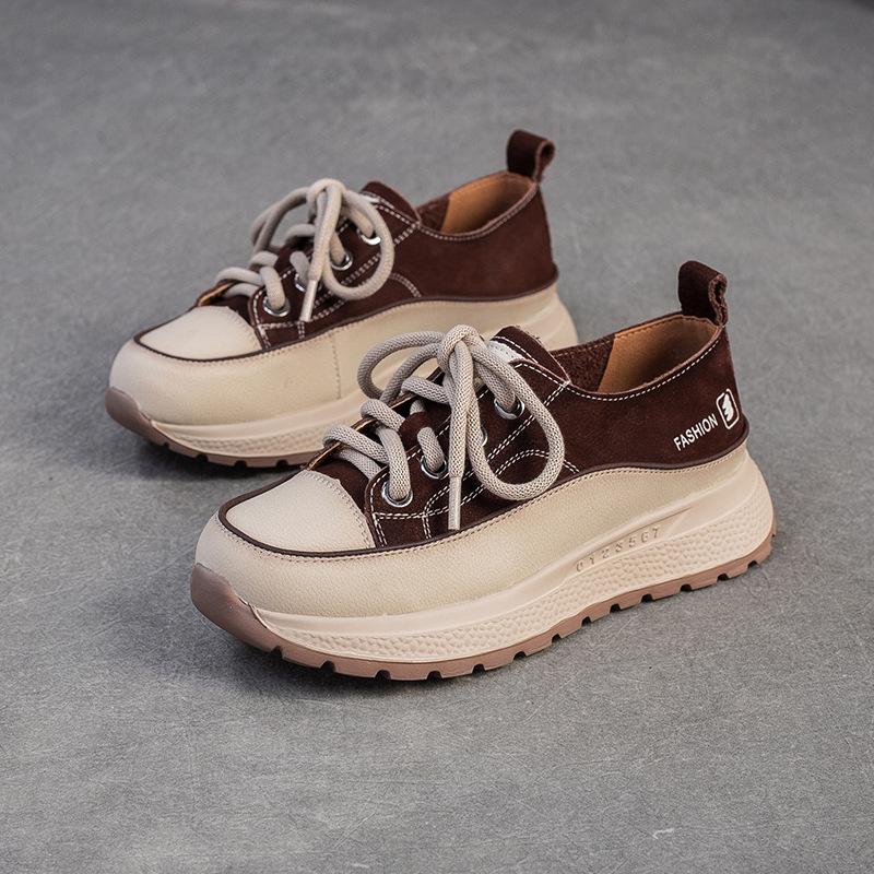 Fashion GKTINOO Genuine Leather Sneakers Thick Soled Casual Women's Shoes 2025 Autumn New Round Toe Lace-up Flat Platform Shoes