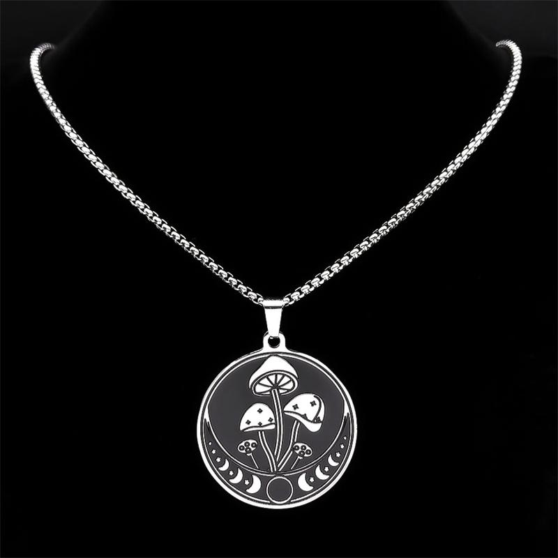 Witch Mushroom Star Triple Moon Phases Necklace for Women/Men Stainless Steel Wicca Pagan Chain Necklaces Gothic Jewelry Collar