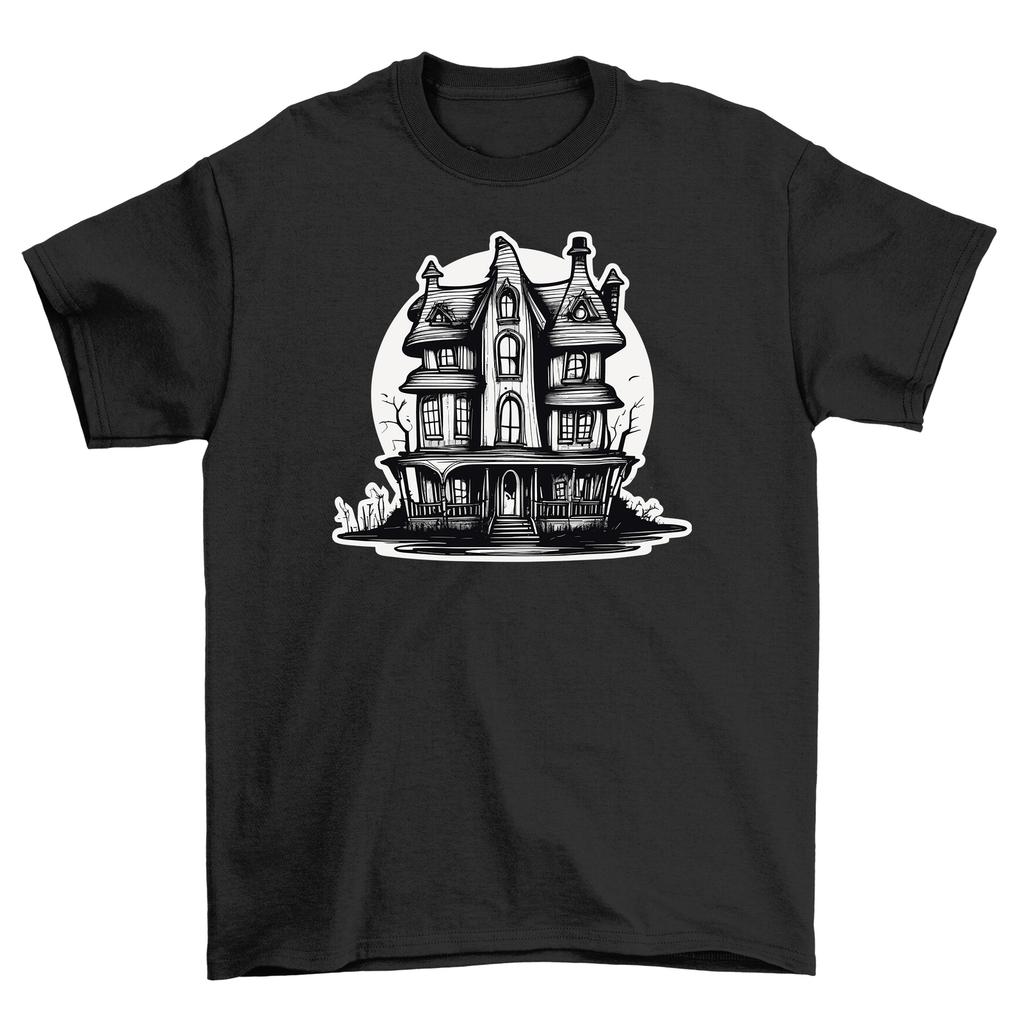 Haunted House Halloween_223 T-Shirt Mens Womens Tees Top - Spooky Fun! 100% Cotton, Funny Unisex Desi