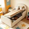 Gestoffeerd Kinderbed 90x200 met Hydraulische Opbergruimte, Velours Bedframe met Hoge Hoofdsteun, Voetbord en Semi-Hoge Veiligheidsleuning, Beige