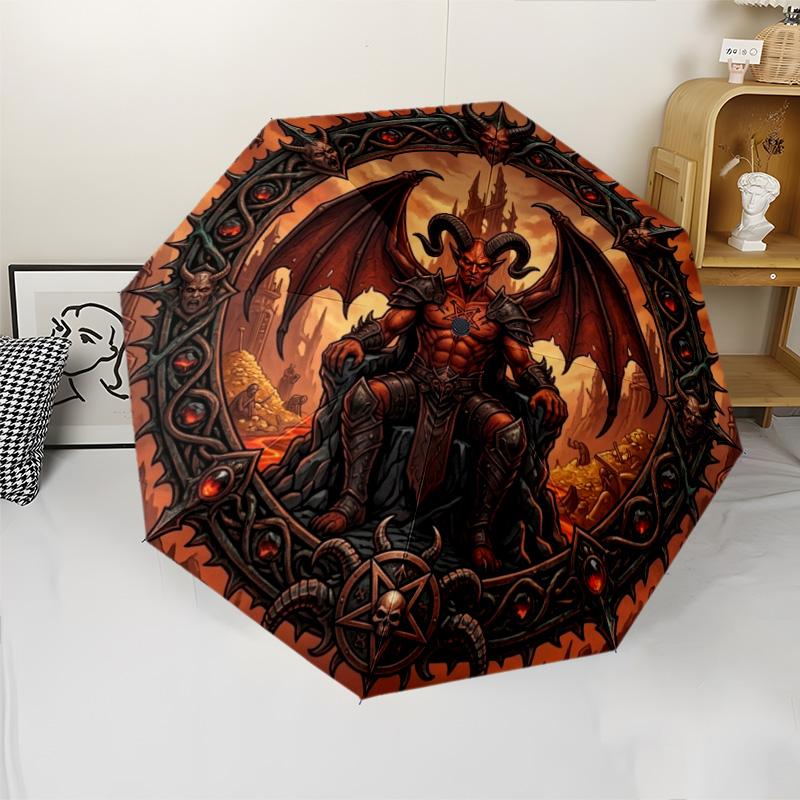 Demon Throne Hell pattern umbrella, portable and foldable design, 8 ribs, a casual accessory for Halloween, Christmas, and birthday gifts.