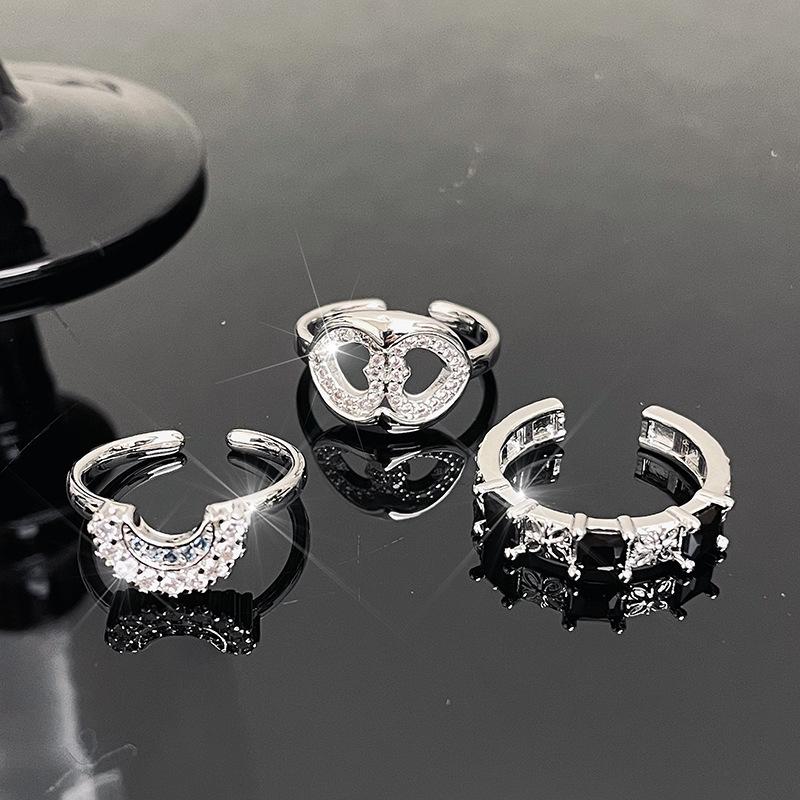 Light Luxury Diamond-Encrusted Zir*****Pen Ring Checkerboard Color Matching Moon Fashion Cold Wind Personalized Simple Ring