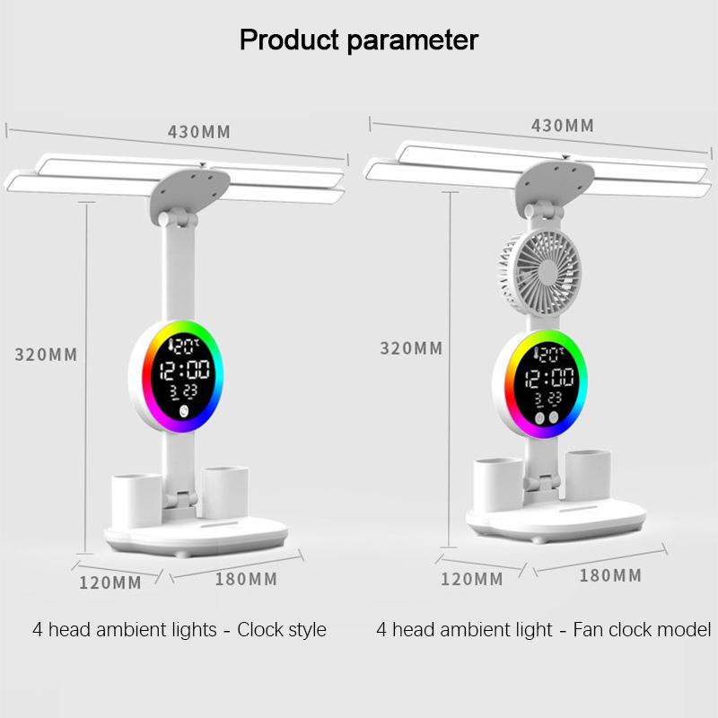 Lampă de masă reîncărcabilă pentru studiu, lampă de birou Lumină de lectură Lumină de masă LED cu ventilator, lampă de lectură cu afișaj de ceas cu LED