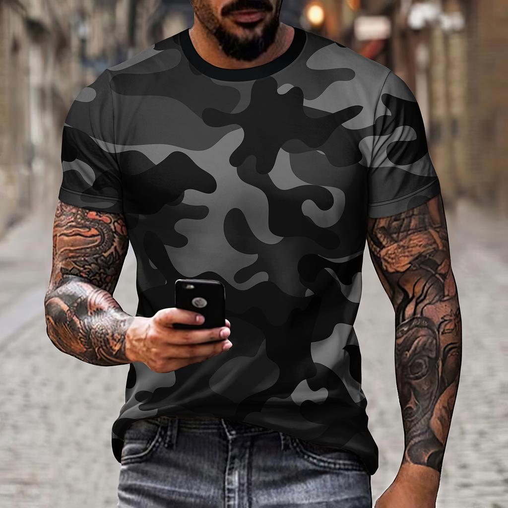 Men's Camouflage Pattern Short Sleeved Top T-shirt, Wilderness Tough Man, Sea, Land, and Air Full Range Combat Clothing