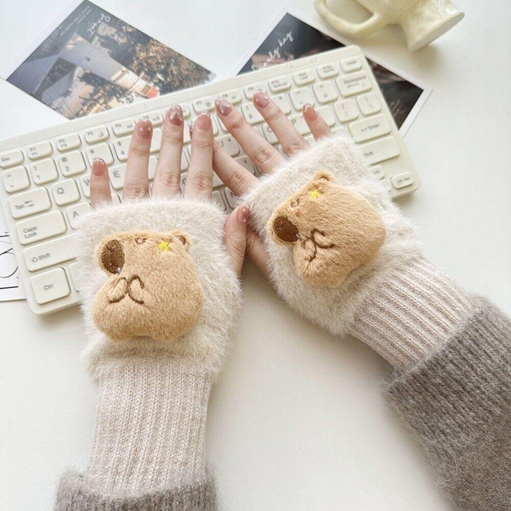 

Thickened Women Mittens Plush Warm Gloves NEW Half Finger Gloves Beige Capybara