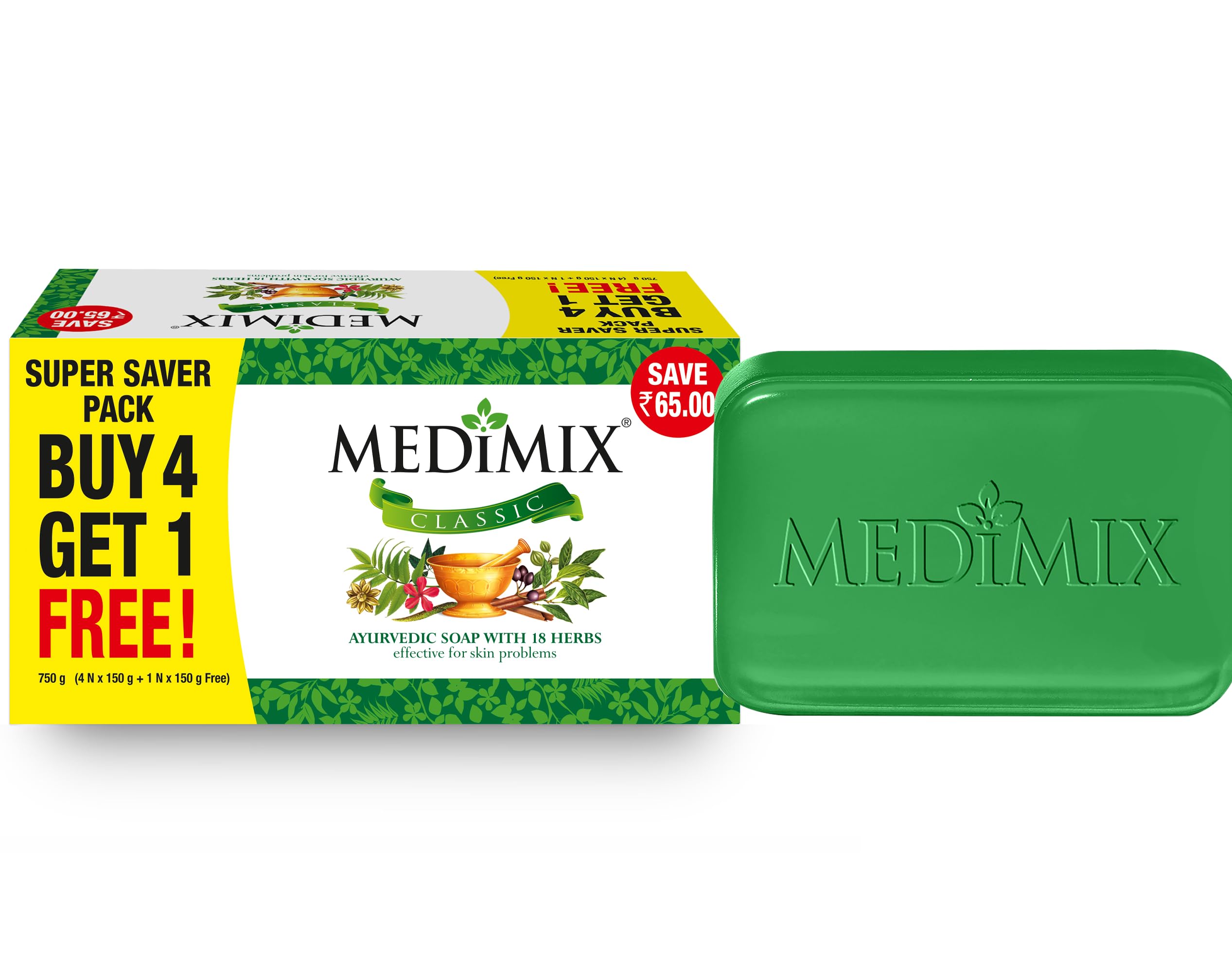 Medimix Classic Ayurvedic Traditionally Made Soap 150g (4 + 1 Combo Pack) | Infused with 18 Herbs | Effective for Skin Problems