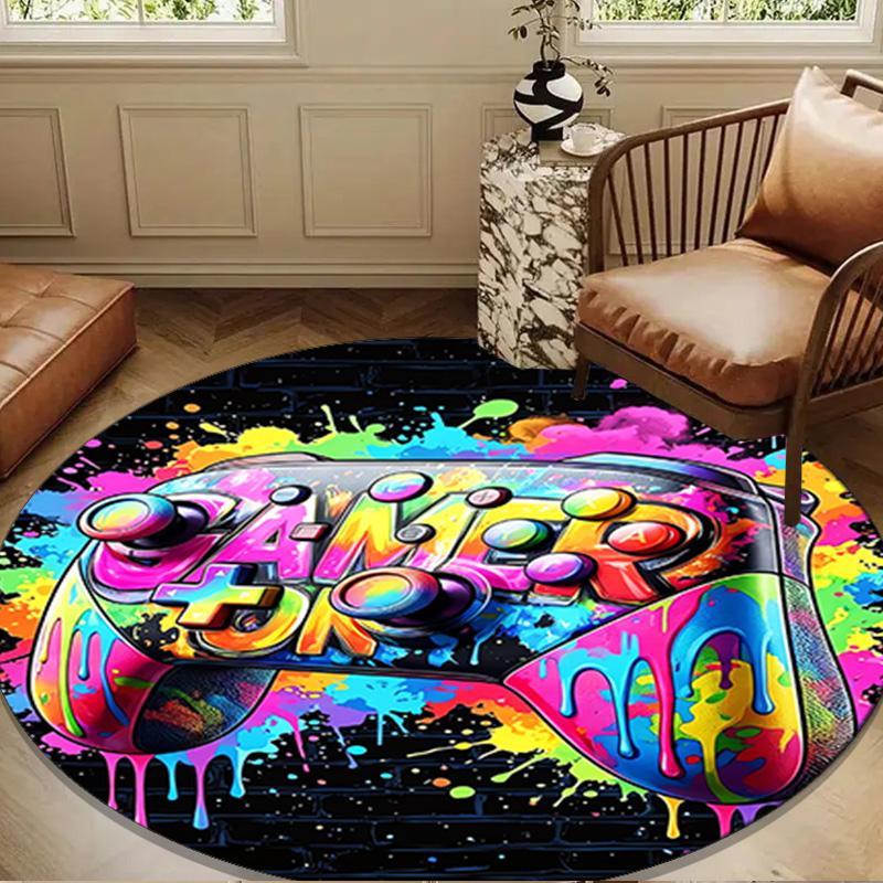 Neon Gaming Controller Round Rug for Livingroom,Bedroom, Palyroom, Chair Rug, Area Rug, Circle Carpet, Large Size Fan Christmas Gift