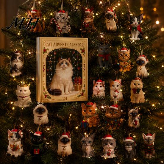 Festive Party Favors Christmas Advent Calendar for Cat Lovers, 24 Day Countdown Box with Acrylic Hanging Ornaments Pendants, Tree Decor Holiday