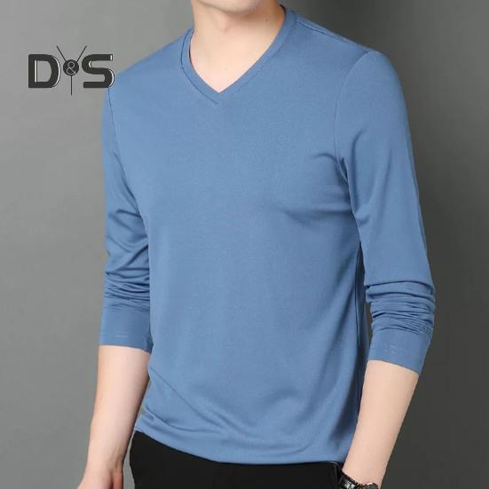 Men Fall Spring Top V Neck Long Sleeves Pure Color Slim Fit Thin Pullover T-shirt Daily Wear Sport Homewear Clothes