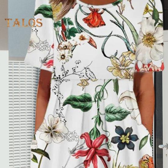 Damen Sommerkleid mit kurzen Ärmeln, lässiger Blumendruck, Rundhalsausschnitt, Midikleid mit Taschen, fließendes A-Linien-Strandkleid