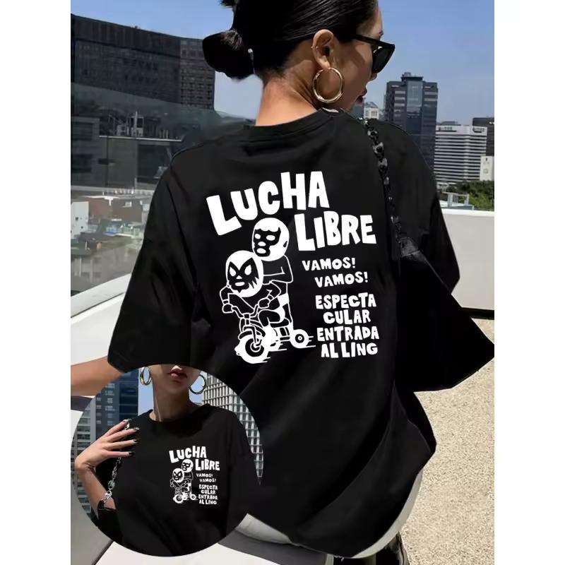 2026 New Pure Women'S Short Sleeved T-Shirt Women'S Letter Print T-Shirt Lucha Libre, Black Short-Sleeved Round-Neck Casual Top