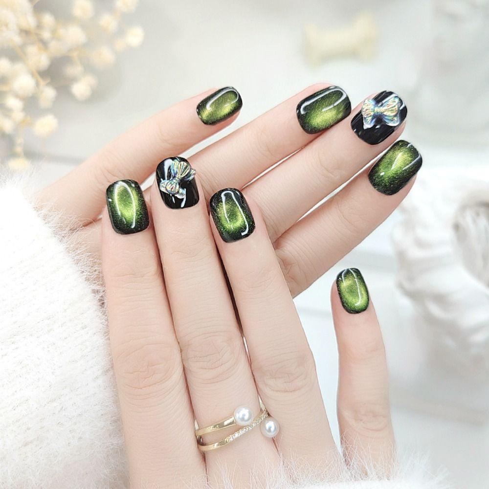 24PCS Cat Eye Fake Nails Short Artficial Nails Reusable Acrylic Nails DIY Manicure Art