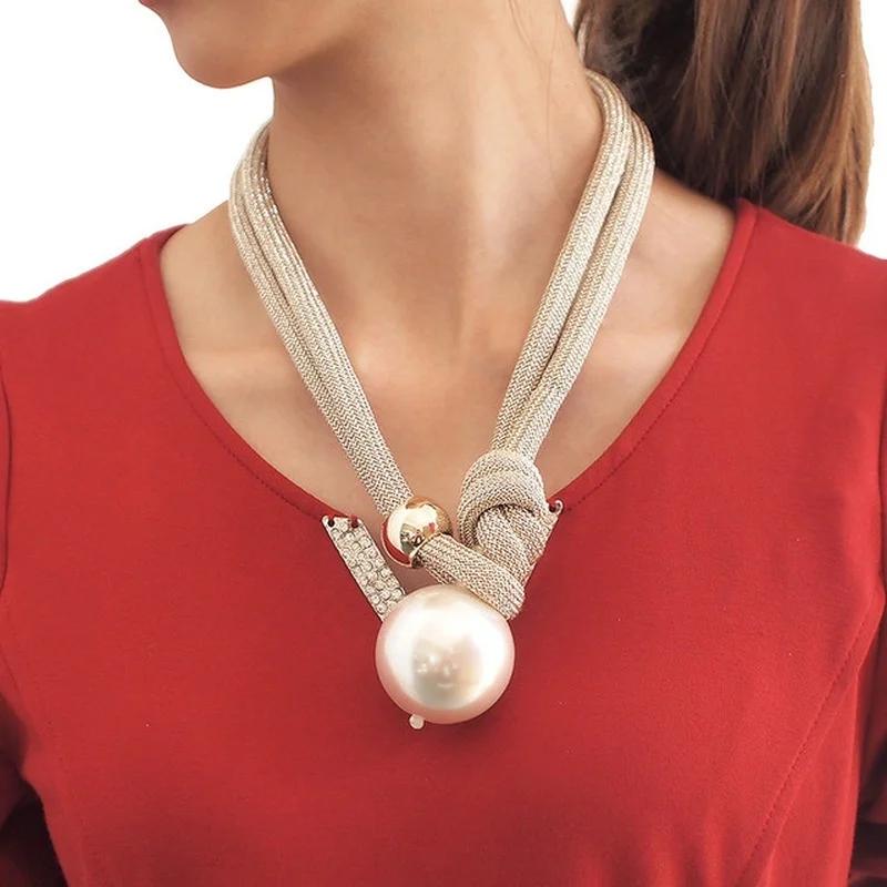 Womens Large Imitation Pearl Choker Necklace Fashion Thick Rope Adjustable Pendant Necklace Jewelry Gift