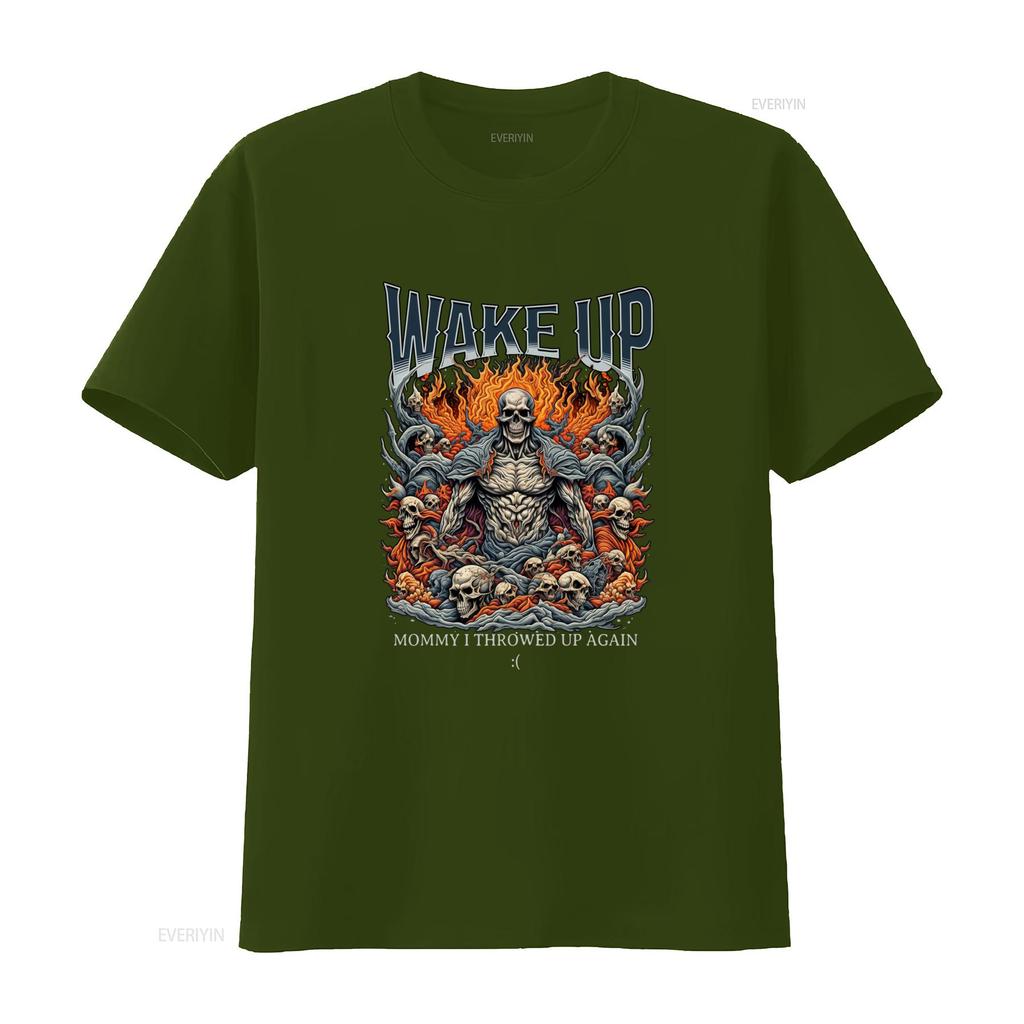 Gothic Wake Up Funny Meme Flame Skull Print Streetwear Casual T Shirt Vintage Stylish Top For Everyday Wear Comfortable