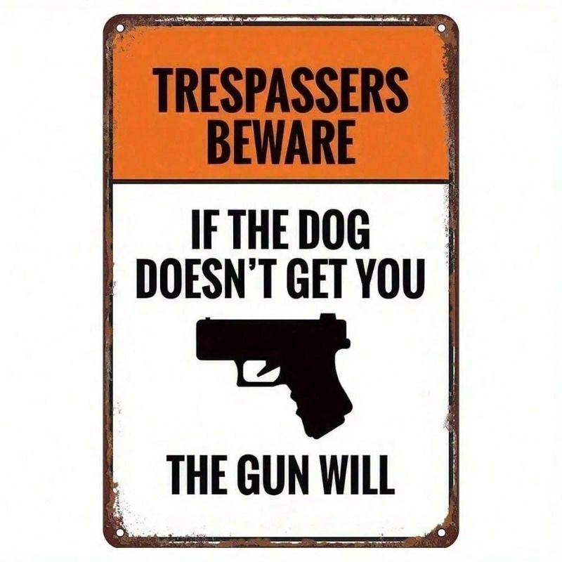 Vintage Metal Poster Dog Warning Gun Intruder Protection Home Wall Decor