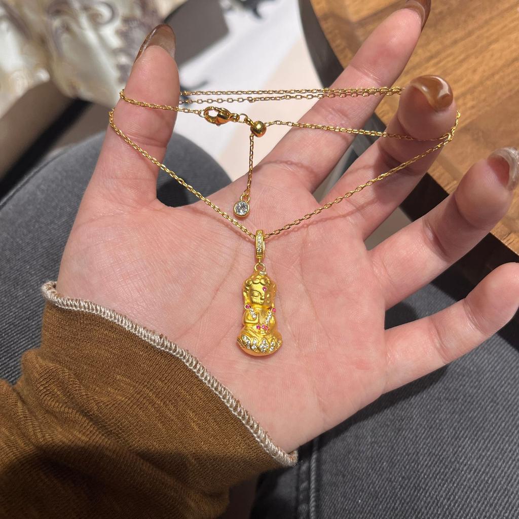 Ancient Frosted Lotus Baby Buddha Necklace Small Gold Buddha Pendant Guardian Baby Buddha Sweater Chain Accessories