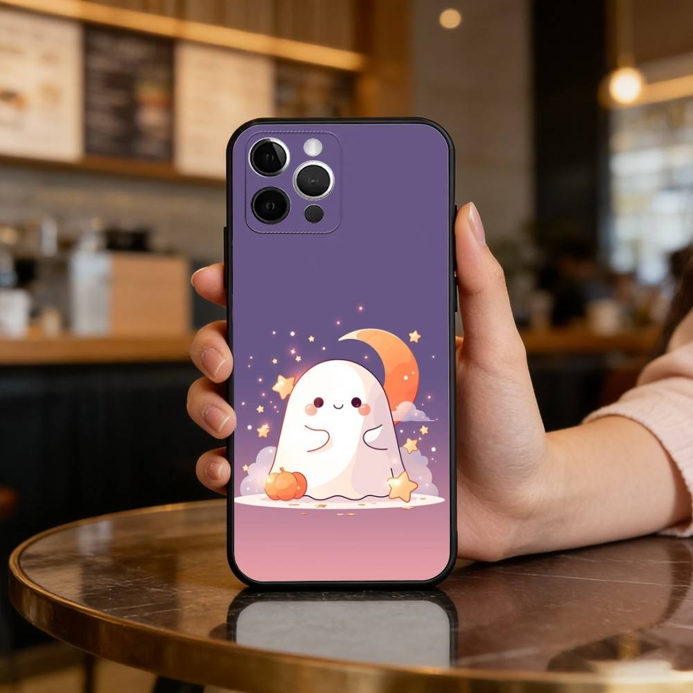 C-Cute Ghost Halloween Phone Case For iPhone 17,16,15,14,13,12,11 Plus,Pro Max,Soft Silicone Black Cover