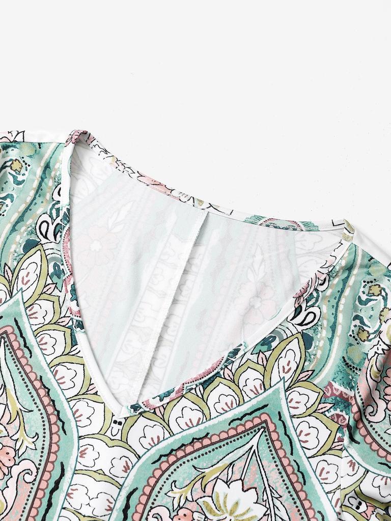 Women's 3D Retro Bohemian Print V-Neck Short Sleeve Long Swing Dress for Vacation
