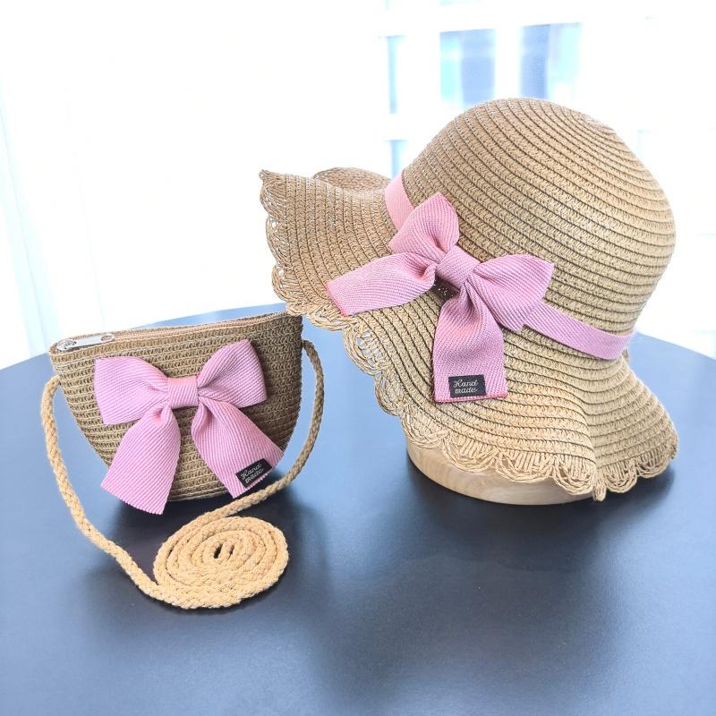 Girls 2pcs Straw Hat Solid Color Outdoor Travel Sun Hat Floral Fisherman Style Children's Fashion Accessory for Girls