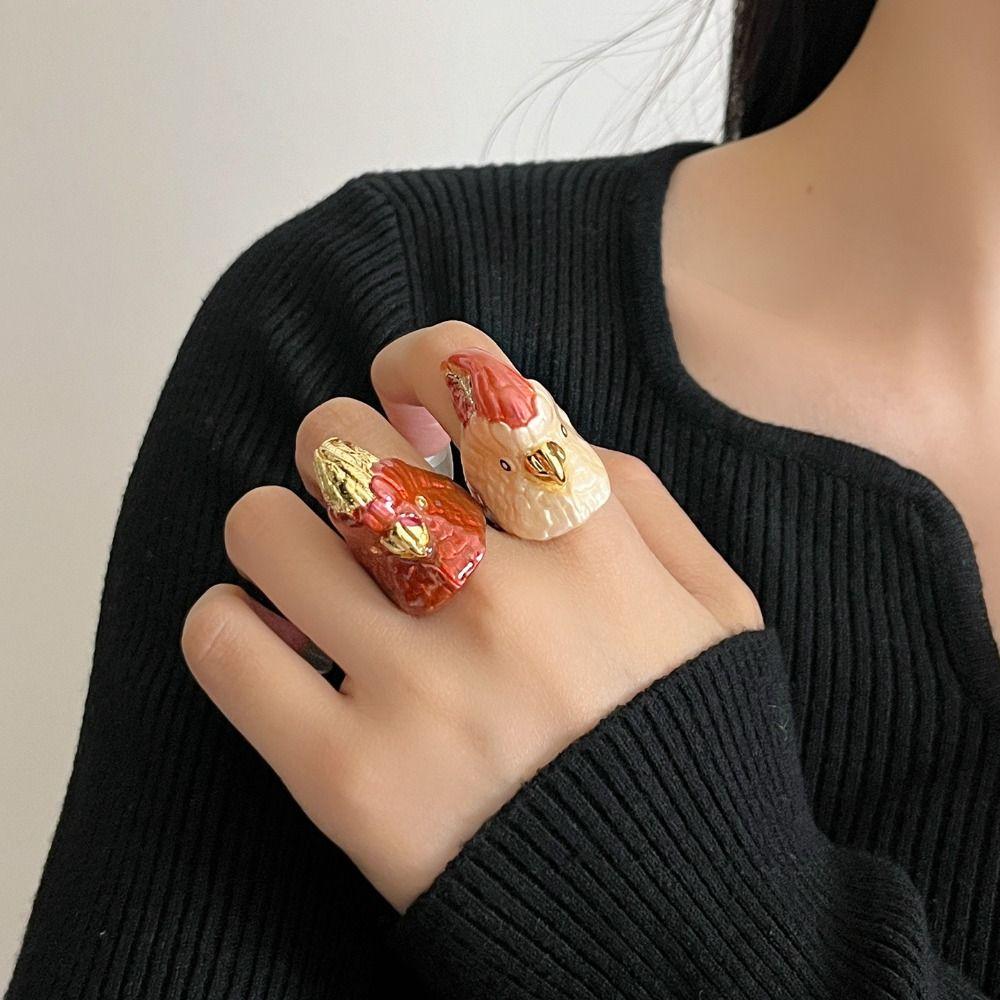 Geometric Exaggerated Ring Minority Design Chunky Enamel Ring Parrot Drip Oil Ring  Decoration