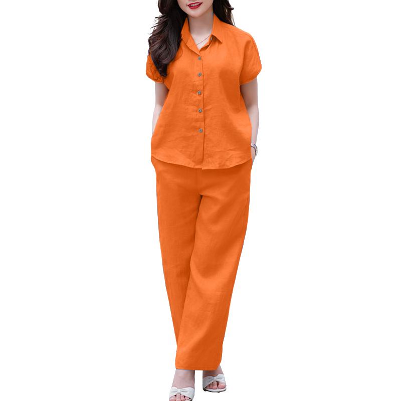 

ZANZEA Женские летние блузки с коротким рукавом и брюки повседневные комплекты из двух предметов XL оранжевый