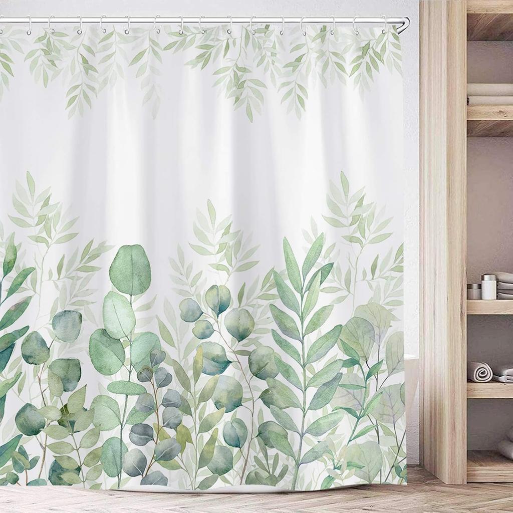 Amm Green Eucalyptus Shower Curtain Watercolor Plant Leaves Shower Curtains For Bathroom Waterproof Fabric Botanical Leaf Bath C